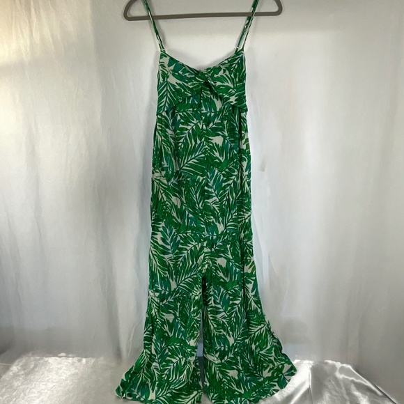 Lush Green Palm Leaf Jumpsuit Women’s M Tie Front Cutout Wide Leg Pockets - Picture 4 of 14